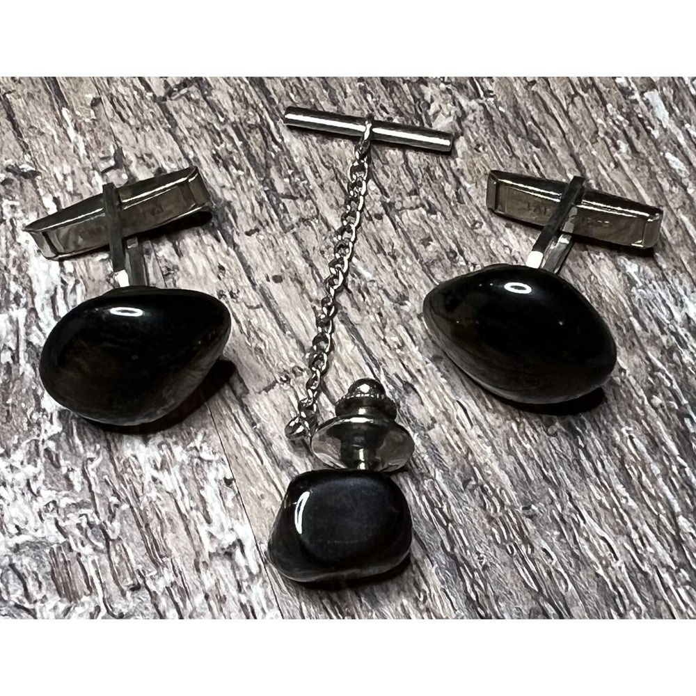 Vintage Brown Stone Cufflinks Tie Pin Chain Men's Jewelry